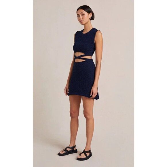 NWT FREE PEOPLE X BEC + BRIDGE Sz US 4 EFFIE KNIT MINI CUTOUT DRESS INK BLUE - Picture 3 of 6